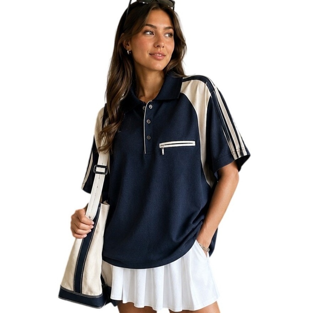 SF Deer Colorblock Polo Shirt L Navy Cream Striped Sleeve Sporty Prep Sportswear